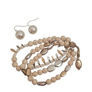 Womens Howlite Beaded‎ Bracelet and Pearls Drop Earrings Set Jewelry